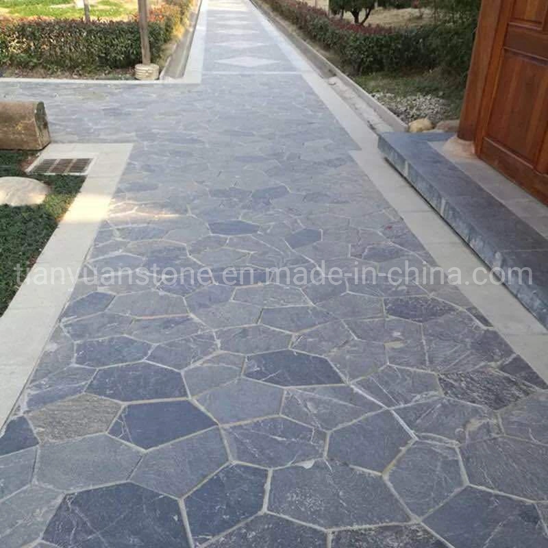 Split Irregular Black Slate Paver Mesh Mounted Flagstone Mat Floor Tiles